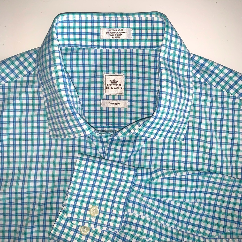 Peter Millar Shirt Mens XL Blue Green Plaid Check Button Down Crown Sport Summer